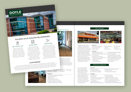 Doyle Construction 4-Page Brochure; 17x11 inch brochure folded in half to 8.5 x 11