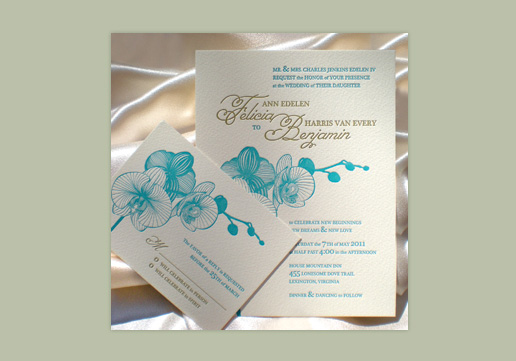 This orchid wedding stationary set is letterpressed in turquoise and 