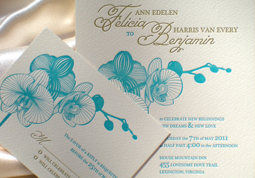 Close-up of Letterpress Orchid Wedding Invitation Set